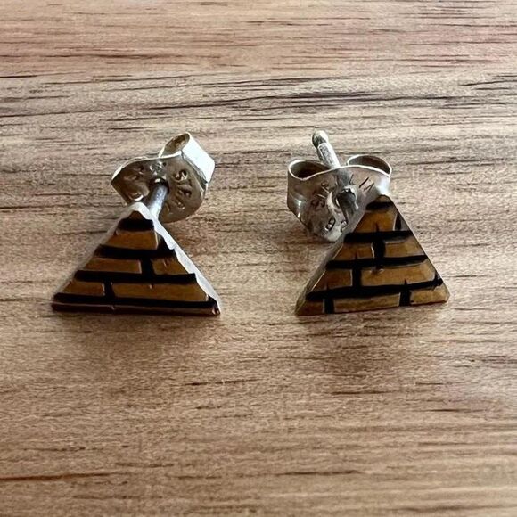 OOAK Handmade Sterling Silver and Gold Pyramid Stud Earrings - Picture 1 of 2